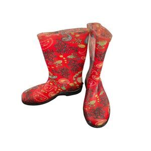 Sloggers Floral Rain Boots Women 9 Red Slip- On Fall Winter Calf Height